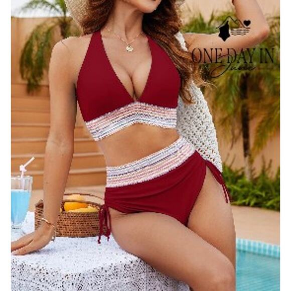 Blooming Jelly Embroidered Band Ruched Tie Side Bikini Swimsuit Size L - Picture 1 of 7